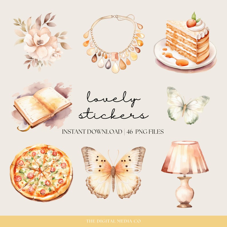 May include: A set of watercolor stickers featuring a variety of designs, including a book, a necklace, a butterfly, a pizza, a lamp, and a slice of cake. The stickers are perfect for adding a touch of whimsy to your planner, journal, or scrapbook.