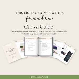May include: A Canva Guide with a freebie for editing templates. The guide includes sections on getting started, editing basics, text cheatsheet, photos, and elements. The guide is a digital download.