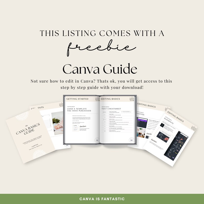 May include: A Canva Guide with a freebie for editing templates. The guide includes sections on getting started, editing basics, text cheatsheet, photos, and elements. The guide is a digital download.