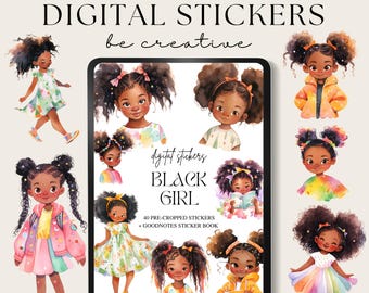 Schwarzes Mädchen-Digital-Aufkleber, niedliche Planer-Aufkleber für schwarze Frauen, Notability-Aufkleber-Set, tägliche Aufgaben, vorgeschnittene PNGs, Afroamerikaner