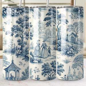 Blue Toile Tumbler Wrap PNG, 20oz Skinny Tumbler Design, Digital Download, Classic French Country Tumbler Wrap, Sublimation Design
