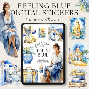 Feeling Blue Digital Stickers, Summer Sticker Set, Goodnotes Greece Stickers, Blue China Notability Decorations, Embellishment, Scrapbooking