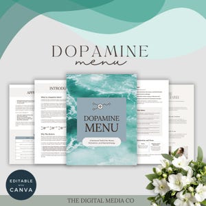 May include: A digital product titled "Dopamine Menu" with a teal and white design. The cover features the text "Dopamine Menu" and a graphic. The product is described as a personal toolkit for mood, motivation, and mental energy. The words "Editable with Canva" are also visible.