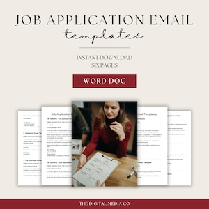 May include: A digital download featuring job application email templates. The design includes the text "JOB APPLICATION EMAIL templates", "INSTANT DOWNLOAD SIX PAGES", and "WORD DOC". The image also shows a woman holding a clipboard.