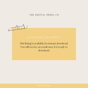 May include: A yellow rectangle with the text "NO ITEM WILL BE SHIPPED" and the text "This listing is available for instant download. You will receive an email once it is ready to download."