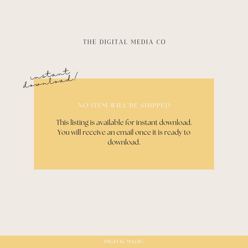 May include: A yellow rectangle with the text "NO ITEM WILL BE SHIPPED" and the text "This listing is available for instant download. You will receive an email once it is ready to download."