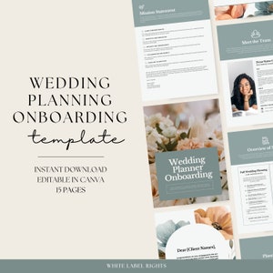 Può includere: Un modello di onboarding per wedding planner con un design floreale. Il modello include sezioni per la mission, l'incontro con il team, la panoramica dei servizi, la pianificazione completa del matrimonio e un messaggio di benvenuto ai clienti. Il modello è modificabile in Canva e include 15 pagine.
