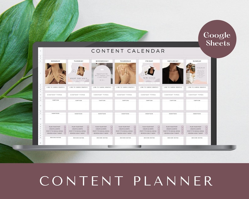 May include: A digital content calendar displayed on a laptop screen. The calendar is organized in a grid format with sections for each day of the week. The calendar includes the text "Content Calendar" and "Content Planner". The Google Sheets logo is visible.