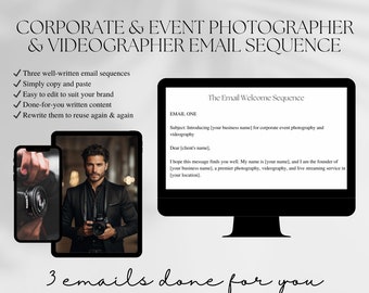 Secuencia de correo electrónico de bienvenida para fotógrafos y camarógrafos, plantillas hechas para usted para estudios de fotografía y vídeo, contenido de la empresa