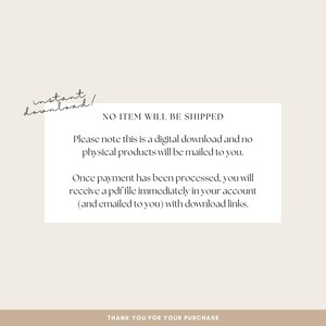 May include: A digital download announcement with the text "instant download!" in a handwritten style. The text "NO ITEM WILL BE SHIPPED" is displayed, along with details about digital downloads and PDF files. The bottom of the image reads "THANK YOU FOR YOUR PURCHASE."