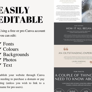 May include: A graphic design template for a website with the text "EASILY EDITABLE" and "Using a free or pro Canva account you can edit:" followed by a list of checkmarks with the words "Fonts", "Colours", "Backgrounds", "Photos", and "Text". The template also includes the text "OUR HISTORY", "HOW IT ALL BEGAN", "AN OUTSTANDING EXPERIENCE", "FUN FACTS", and "A COUPLE OF THINGS YOU NEED TO KNOW ABOUT US".
