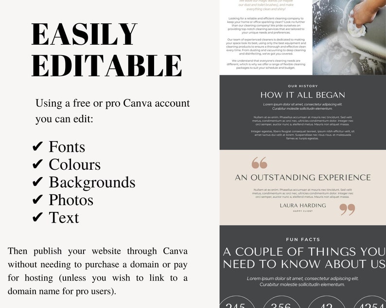 May include: A graphic design template for a website with the text "EASILY EDITABLE" and "Using a free or pro Canva account you can edit:" followed by a list of checkmarks with the words "Fonts", "Colours", "Backgrounds", "Photos", and "Text". The template also includes the text "OUR HISTORY", "HOW IT ALL BEGAN", "AN OUTSTANDING EXPERIENCE", "FUN FACTS", and "A COUPLE OF THINGS YOU NEED TO KNOW ABOUT US".