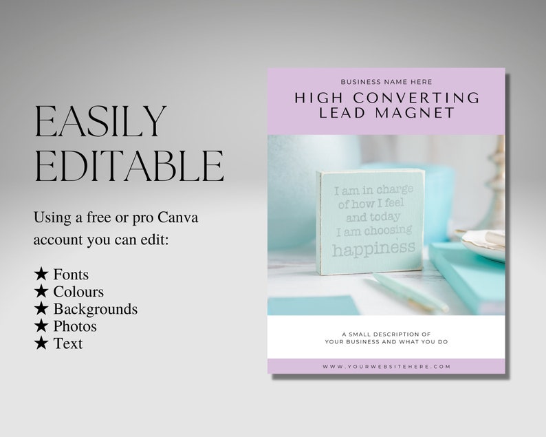 Może przedstawiać: Szablon marketingu cyfrowego w kolorze fioletowym i białym z tekstem "HIGH CONVERTING LEAD MAGNET" i "EASILY EDITABLE". Szablon zawiera zdjęcie drewnianego znaku z tekstem "I am in charge of how I feel and today I am choosing happiness".