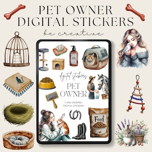 May include: A digital sticker set for pet owners featuring 71 pre-cropped images. The stickers include a variety of pet-related items, such as a cat carrier, a dog bed, a bird cage, a cat scratching post, a dog leash, a horse, a rabbit, a bowl of food, a horseshoe, a dog brush, a dog shampoo bottle, a cat toy, a bird, a nest, and a girl holding a rabbit. The stickers are in a watercolor style and are perfect for adding a touch of whimsy to your planner, journal, or other creative projects.