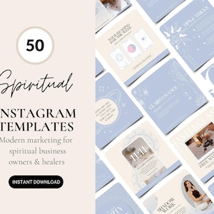May include: A set of 50 Instagram templates for spiritual business owners and healers. The templates feature a light blue and white color scheme with celestial and spiritual imagery. The text "Spiritual Instagram Templates" is displayed in a large, bold font.