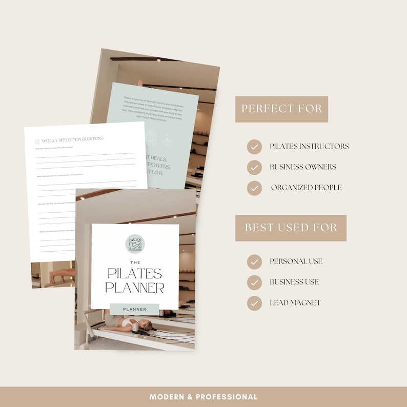 May include: A Pilates planner with a white cover and the title "The Pilates Planner". The image also includes pages with reflection questions and text that reads "Perfect For" and "Best Used For". The overall theme is modern and professional.