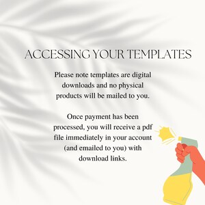 Pode incluir: Texto sobre um fundo branco com uma sombra de uma folha de palmeira. O texto diz: "ACCESSING YOUR TEMPLATES. Observe que os modelos s&atilde;o downloads digitais e que nenhum produto f&iacute;sico ser&aacute; enviado por correio. Assim que o pagamento for processado, voc&ecirc; receber&aacute; um arquivo PDF imediatamente em sua conta (e por e-mail) com links para download."