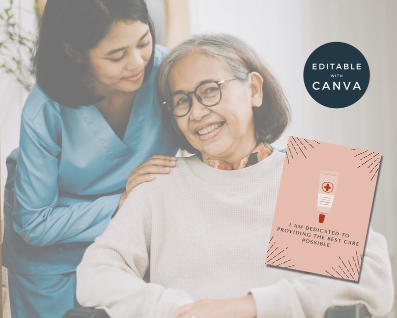 May include: A caregiver with a kind smile is providing care to an older woman. The image includes a pink card with a red and white tube of ointment and the text "I am dedicated to providing the best care possible."