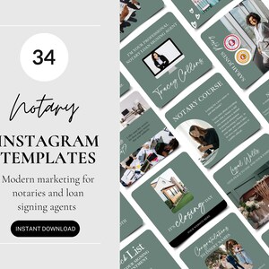 34 Notary Instagram Templates, Public Notary Marketing, Loan Signing Agent Posts, Green Canva Templates For Notaries, Notary bundle
