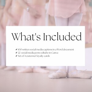 May include: A white card with the text "What's Included" and a list of items: 100 written social media captions in a Word document, 22 social media posts editable in Canva, and a set of 4 customer loyalty cards.