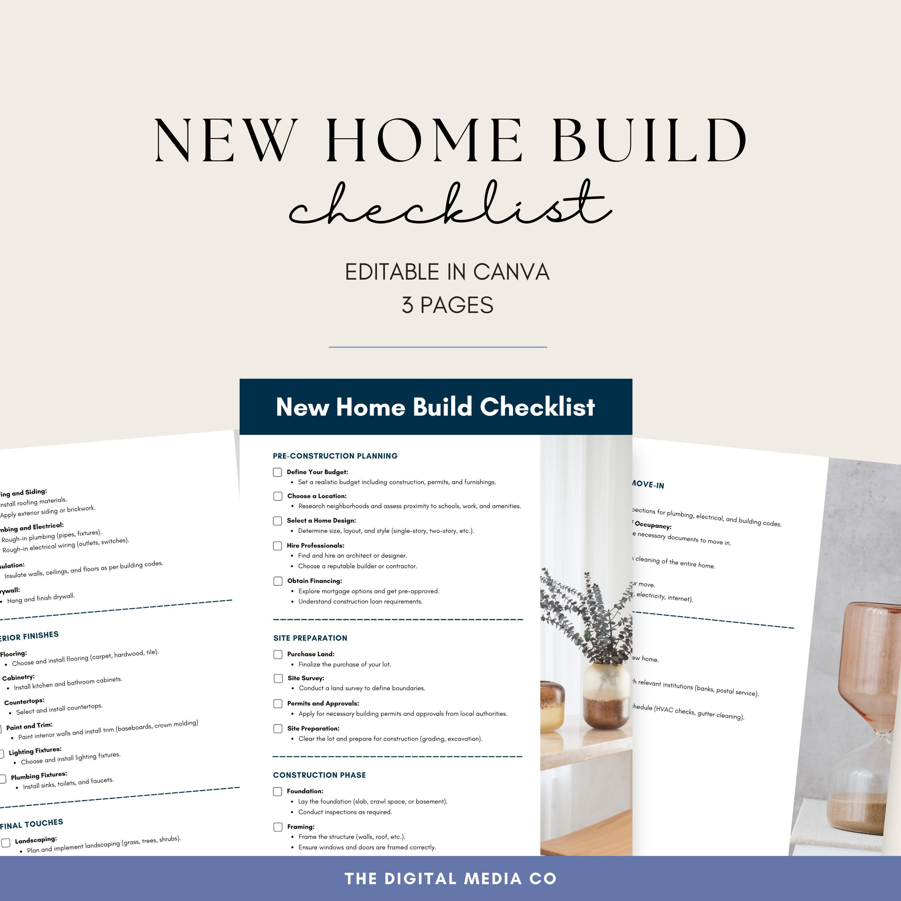 New Home Build Checklist, Printable For House Renovation, Digital Download,  Essential Guide for DIY Home Projects, Editable Check List, image size:3000x3000