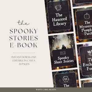 May include: A digital e-book cover with a spooky theme. The cover features a black and white illustration of a haunted library, a pumpkin patch, a spooky short story, and a monster. The text on the cover reads "The Spooky Stories E-Book".