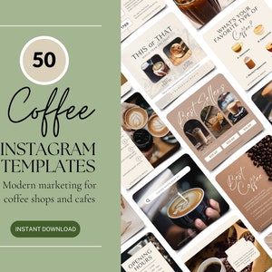 Könnte beinhalten: Ein Set mit 50 Instagram-Vorlagen für Coffee Shops und Cafés. Die Vorlagen zeichnen sich durch ein modernes Design mit einer neutralen Farbpalette aus Beige, Braun und Weiß aus. Die Vorlagen enthalten Text wie "Bestseller", "Öffnungszeiten" und "Was ist Ihre Lieblingskaffeesorte?"