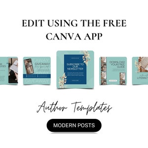 May include: A collection of five social media post templates for authors, featuring a blue and green color scheme with floral accents. The text on the templates includes "Course Title Goes Here", "Giveaway", "Subscribe to Our Newsletter", "Download Your Free Guide", and "International Literacy Day".