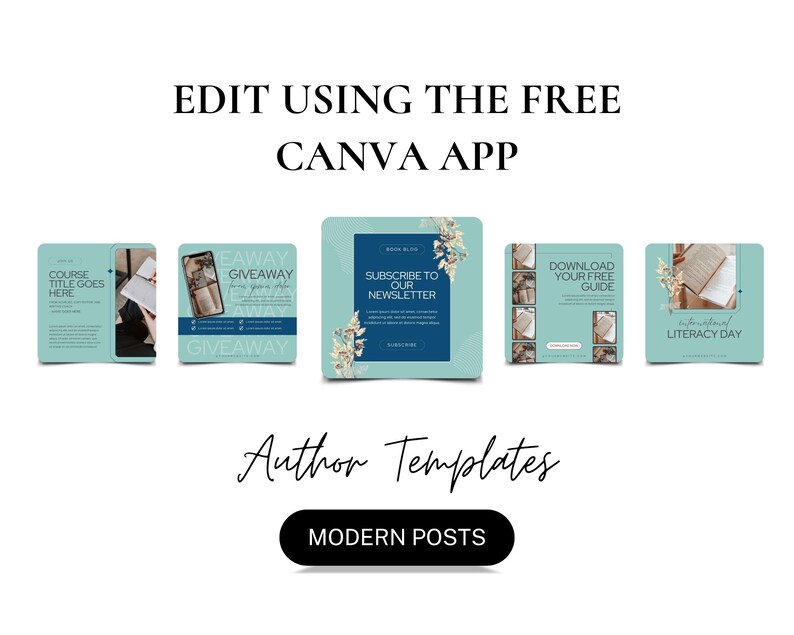 May include: A collection of five social media post templates for authors, featuring a blue and green color scheme with floral accents. The text on the templates includes "Course Title Goes Here", "Giveaway", "Subscribe to Our Newsletter", "Download Your Free Guide", and "International Literacy Day".