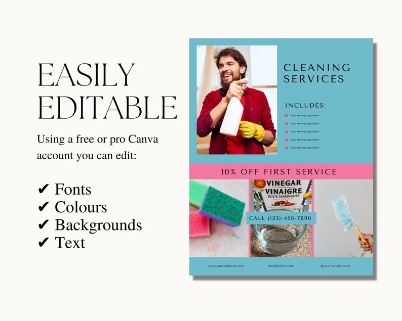 Pode incluir: Um folheto que anuncia servi&ccedil;os de limpeza com um homem sorridente segurando um frasco de spray e produtos de limpeza. O folheto inclui o texto "Cleaning Services", "Includes:", "10% Off First Service", "Vinegar Vinaigre Pour Marinades", "Call (123)-456-7890", "www.yourwebsite.com", "info@email.com" e "@yourhandle here".