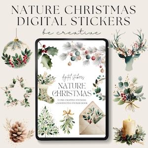 May include: A digital sticker set titled "Nature Christmas" with various watercolor illustrations. The images include a Christmas wreath, a star, a pine cone, a deer head, and other festive elements. The text reads "be creative".