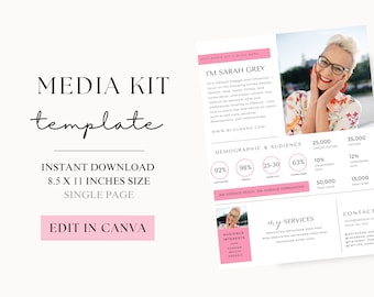 May include: Pink and white media kit template with the text "MEDIA KIT template" in black. The template includes information about a lifestyle blogger and influencer, including their demographics, audience, services, and contact information. The template is designed for use in Canva.