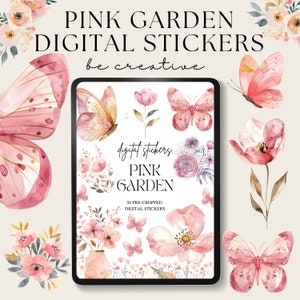 Peut inclure: Autocollants numériques comprenant 56 images pré-découpées de fleurs roses, de papillons et de verdure. Le texte "digital stickers PINK GARDEN" est affiché sur l'écran d'une tablette.