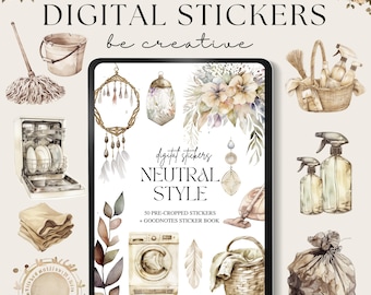 May include: A digital art image featuring a tablet with the text "NEUTRAL STYLE DIGITAL STICKERS" and various watercolor illustrations of household items. The image includes a mop, bucket, dishwasher, and cleaning supplies.