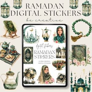 Könnte beinhalten: Ein Set digitaler Sticker mit 210 vorab zugeschnittenen Bildern von Illustrationen zum Thema Ramadan. Die Sticker zeigen Moscheen, Laternen, Gebetsteppiche und andere traditionelle islamische Symbole in Grün, Gold und Weiß.