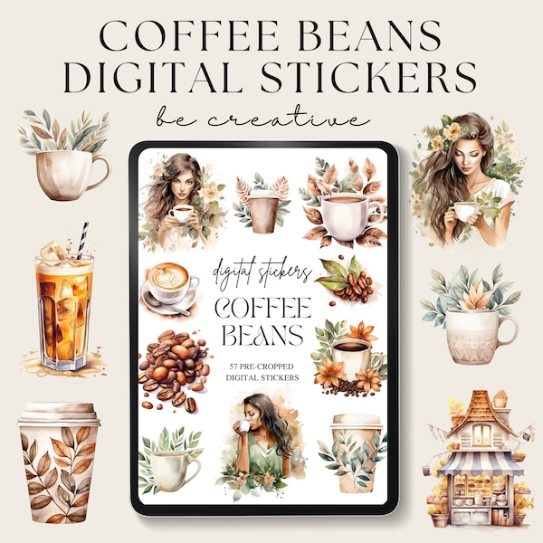 Coffee Bean Digital Planner Stickers | Digital Sticker Set | Goodnotes Stickers | Latte Stickers | Caffeine PNG Scrapbooking Decorations