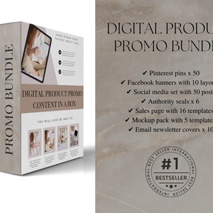 May include: A digital product promo bundle box with a beige background and the text "Digital Product Promo Content in a Box". The box includes a variety of digital marketing assets, including Pinterest pins, Facebook banners, social media posts, authority seals, sales pages, mockups, and email newsletter covers.