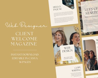 Puede incluir: Una portada de revista dorada y blanca con el texto "Web Designer Client Welcome Magazine" y "Descarga instantánea Editable en Canva 36 páginas". La portada presenta una foto de tres mujeres con vestidos brillantes y sonrientes.
