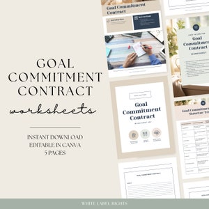 Könnte beinhalten: Ein Satz von fünf druckbaren Arbeitsblättern für die Zielsetzung und das Engagement. Die Arbeitsblätter sollen Ihnen helfen, Ziele zu setzen, einen Plan zu erstellen und Ihren Fortschritt zu verfolgen. Die Arbeitsblätter sind in Canva bearbeitbar und beinhalten einen Zielbindungsvertrag, ein Arbeitsblatt zur Zielsetzung und eine Zielstrukturvorlage.