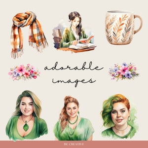 K&ouml;nnte beinhalten: Eine digitale Illustration einer Sammlung von Aquarellbildern. Die Bilder zeigen eine Frau, die ein Buch liest, eine Tasse mit einem Blattmotiv, einen Schal, einen Blumenstrau&szlig; und drei Frauen mit verschiedenen Frisuren und Kleidung.