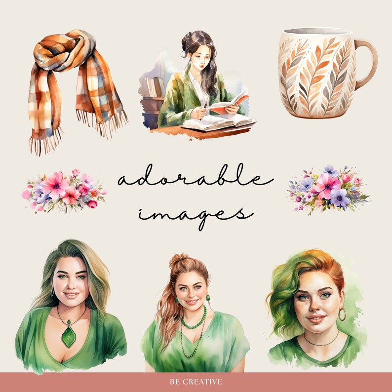 K&ouml;nnte beinhalten: Eine digitale Illustration einer Sammlung von Aquarellbildern. Die Bilder zeigen eine Frau, die ein Buch liest, eine Tasse mit einem Blattmotiv, einen Schal, einen Blumenstrau&szlig; und drei Frauen mit verschiedenen Frisuren und Kleidung.