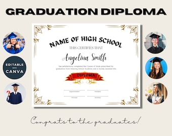 Graduate High School Diploma Template, General Equivalency Diploma, Printable Canva Education Certificate, Printable Home School Diploma