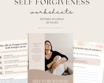 以下が含まれることがあります： 「Self Forgiveness Worksheets」というタイトルのデジタル製品で、「Editable in Canva, 26 Pages」というテキストが入っています。画像には女性とワークシートの例が含まれています。ワークシートは、自己反省と癒しを目的としています。