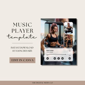 Puede incluir: Una plantilla de reproductor de música digital con el texto "MUSIC PLAYER template" y "EDIT IN CANVA". La plantilla incluye un tema de fitness con imágenes de una mujer haciendo ejercicio. El tamaño es de 21,59 x 27,94 cm.