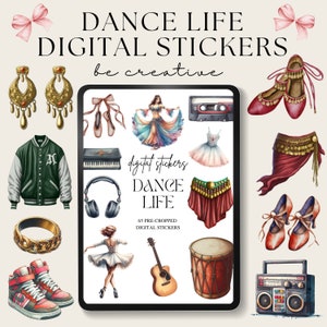May include: A digital sticker set featuring illustrations of dance-themed items, including a dancer, a pair of ballet shoes, a musical instrument, a cassette tape, a boombox, and a pair of earrings. The text "digital stickers DANCE LIFE 65 PRE-CROPPED DIGITAL STICKERS" is displayed on the sticker sheet.