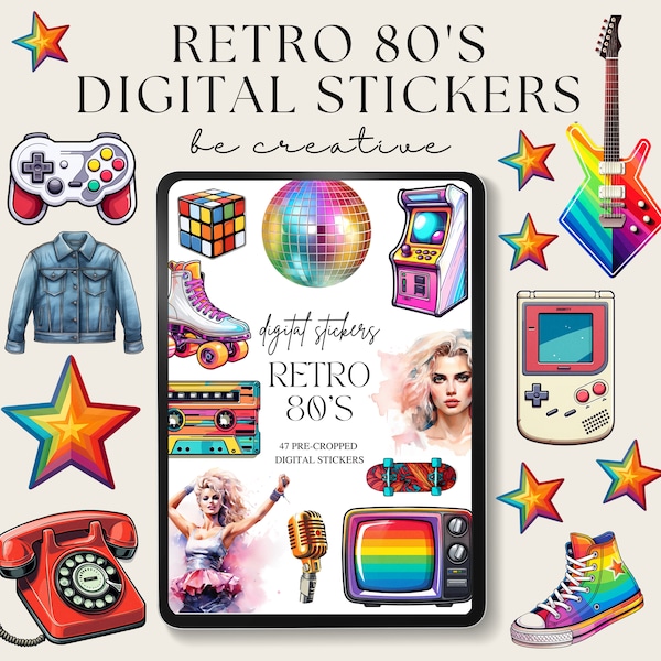 Retro 80's Digital Planner Stickers, Goodnotes Stickers, Disco Stickers, Journal Decor, Notability Designs Art Download, Old School PNGs