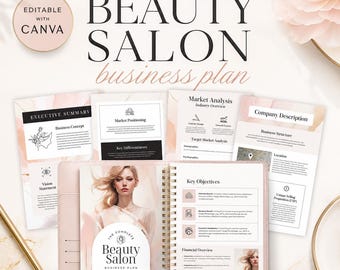 May include: A Beauty Salon business plan template with a spiral-bound notebook, multiple document pages, and a gold pen. The pages feature text including Executive Summary, Market Analysis, and Company Description with soft pink watercolour accents.