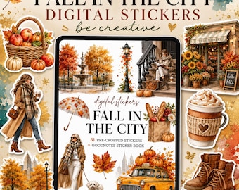 Fall in the City Stickers, Autumn Digital Planner Sticker Book, Cozy Urban PNG Clipart, Pumpkin Cafe Fashion Seasonal Scrapbooking