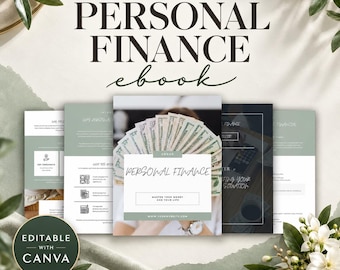 May include: A digital personal finance ebook resource featuring multiple page layouts with sage green accents. The cover displays a fan of US dollar bills, the text Personal Finance, and the tagline Master Your Money and Your Life.