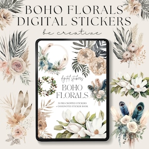 Boho Flower Digital Stickers, Goodnotes Floral Stickers, Plant Stickers, Goodnotes Planner Collection, Notability Ipad Set, Png Stickers